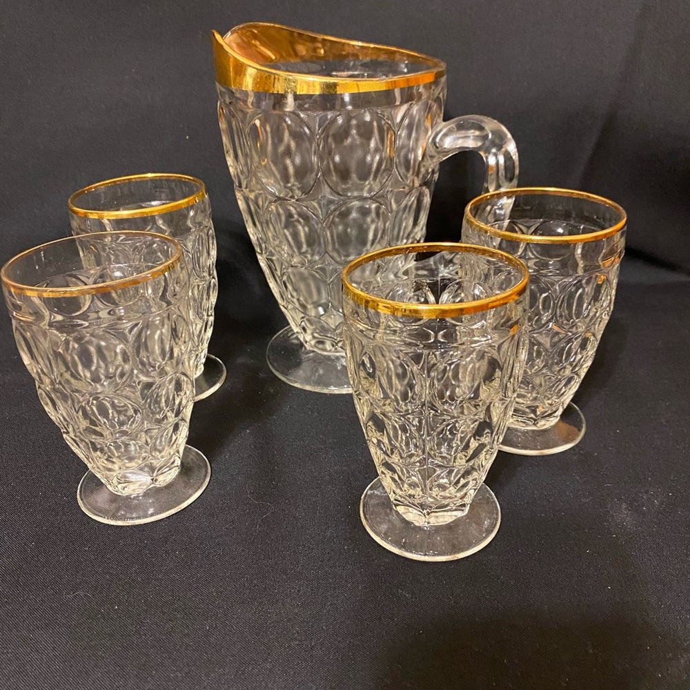 Jeannette Goldtrim Thumbprint Pitcher and glasses